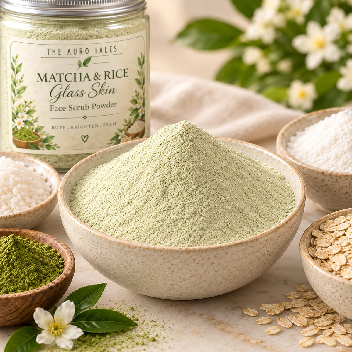 Matcha rice glass skin face scrub powder - Buff. Brighten. Beam