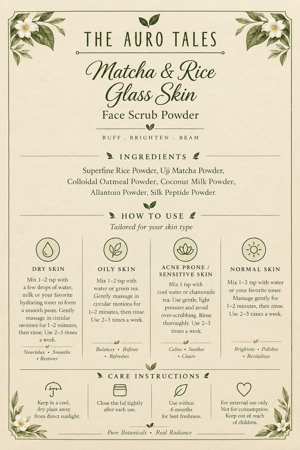 Matcha rice glass skin face scrub powder - Buff. Brighten. Beam