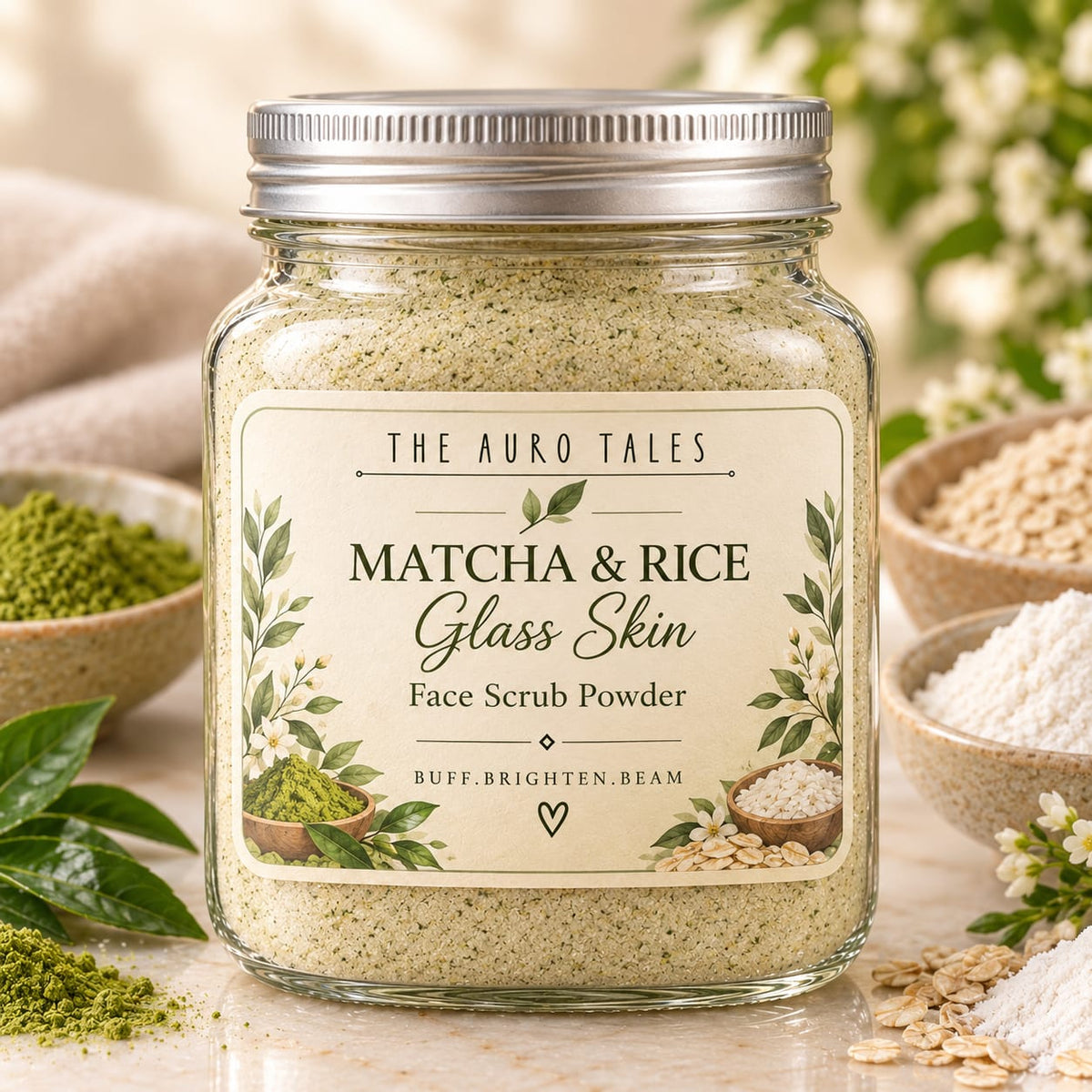 Matcha rice glass skin face scrub powder - Buff. Brighten. Beam